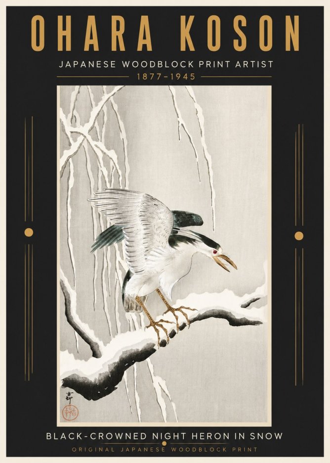 Ohara Koson Black-crowned Night Heron in Snow No5 - Juliste