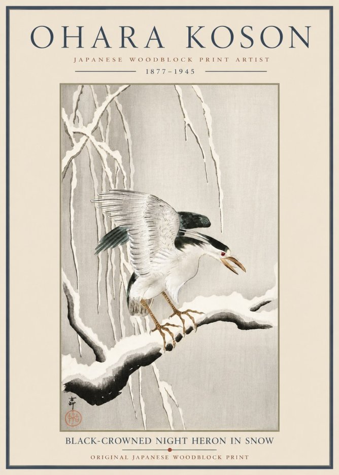 Ohara Koson Black-crowned Night Heron in Snow No6 - Juliste