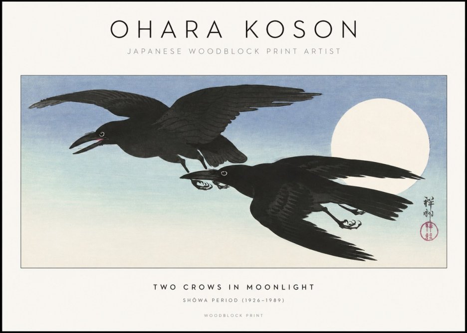 Ohara Koson Two Crows in Flight, Moonlight No2 - Juliste