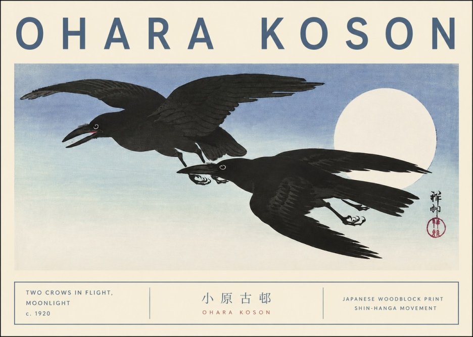 Ohara Koson Two Crows in Flight, Moonlight No3 - Juliste