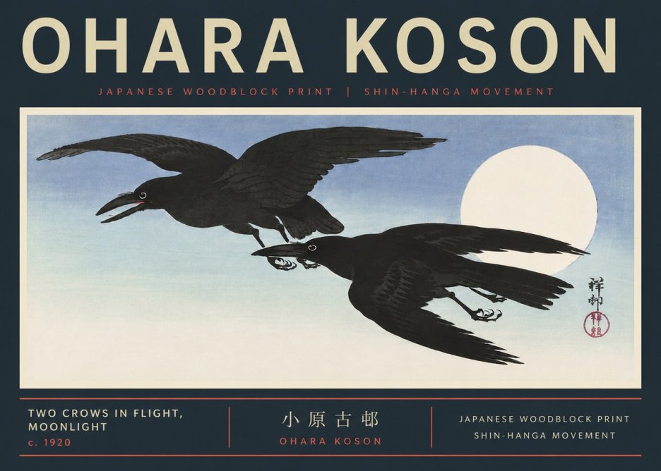 Ohara Koson Two Crows in Flight, Moonlight No6 - Juliste