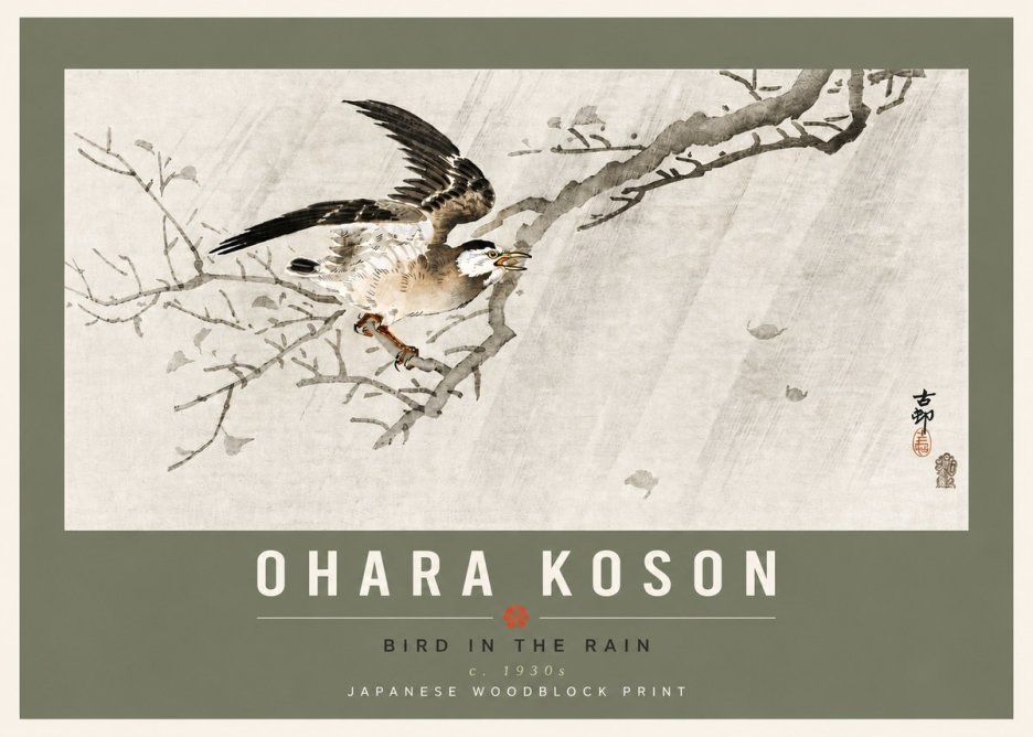 Ohara Koson Bird in the Rain No6 - Juliste