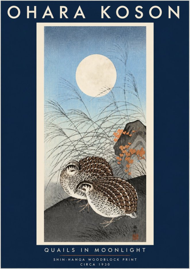 Ohara Koson Quails in Moonlight No4 - Juliste