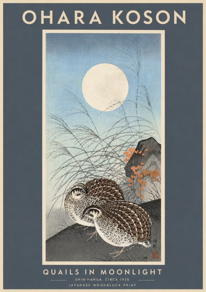 Ohara Koson Quails in Moonlight No6 - Juliste