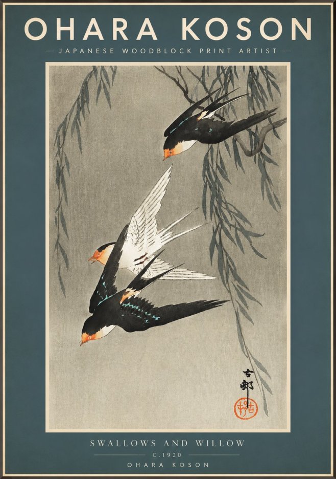 Ohara Koson Swallows and Willow II No2 - Juliste