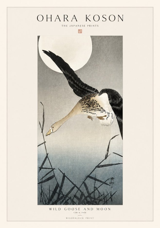 Ohara Koson Wild Goose and Moon No1 - Juliste