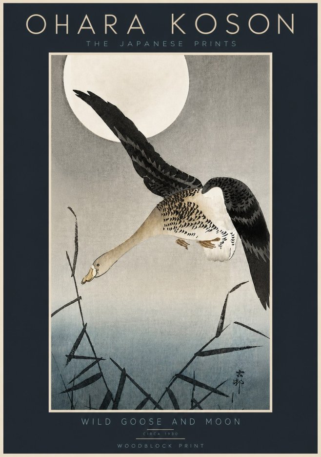 Ohara Koson Wild Goose and Moon No5 - Juliste