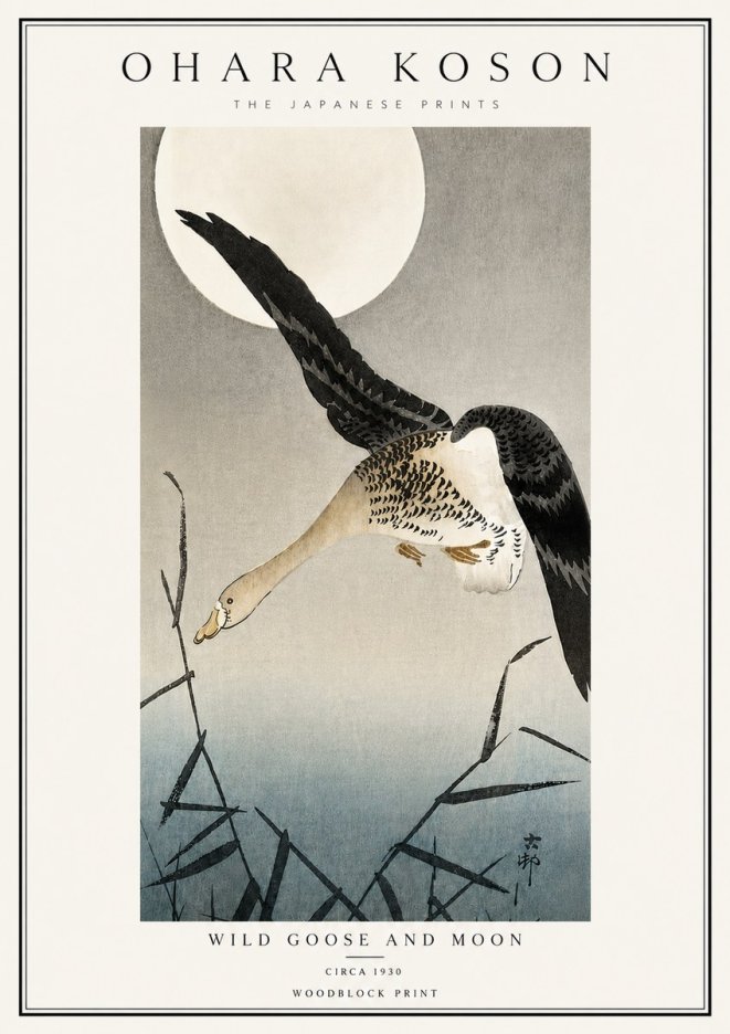 Ohara Koson Wild Goose and Moon No6 - Juliste