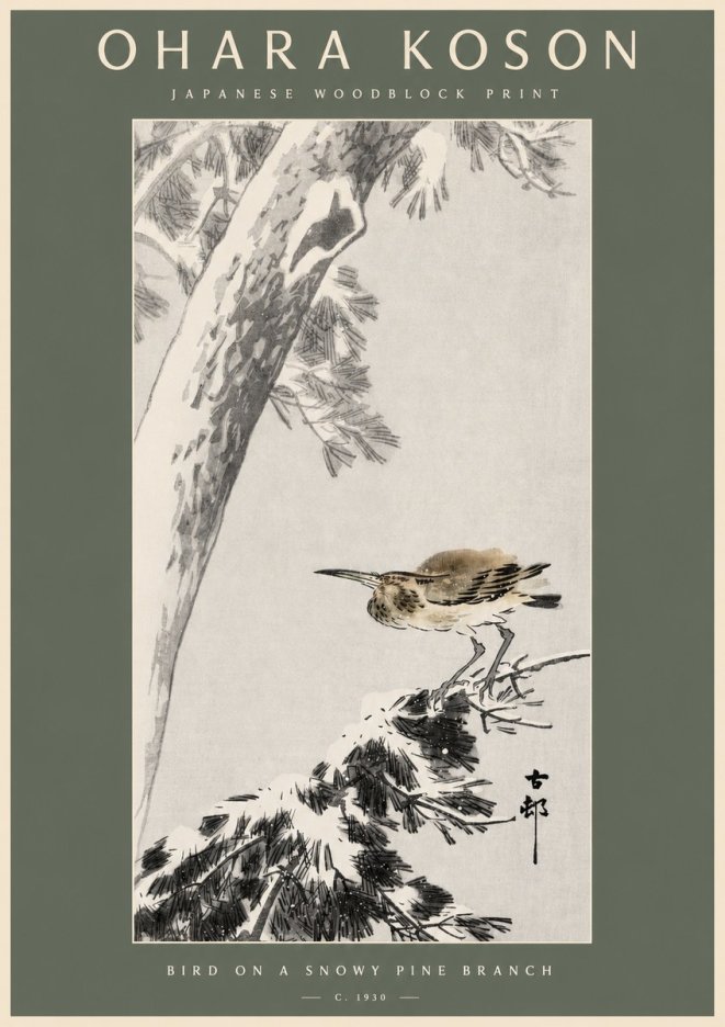 Ohara Koson Bird on a Snowy Pine Branch No2 - Juliste