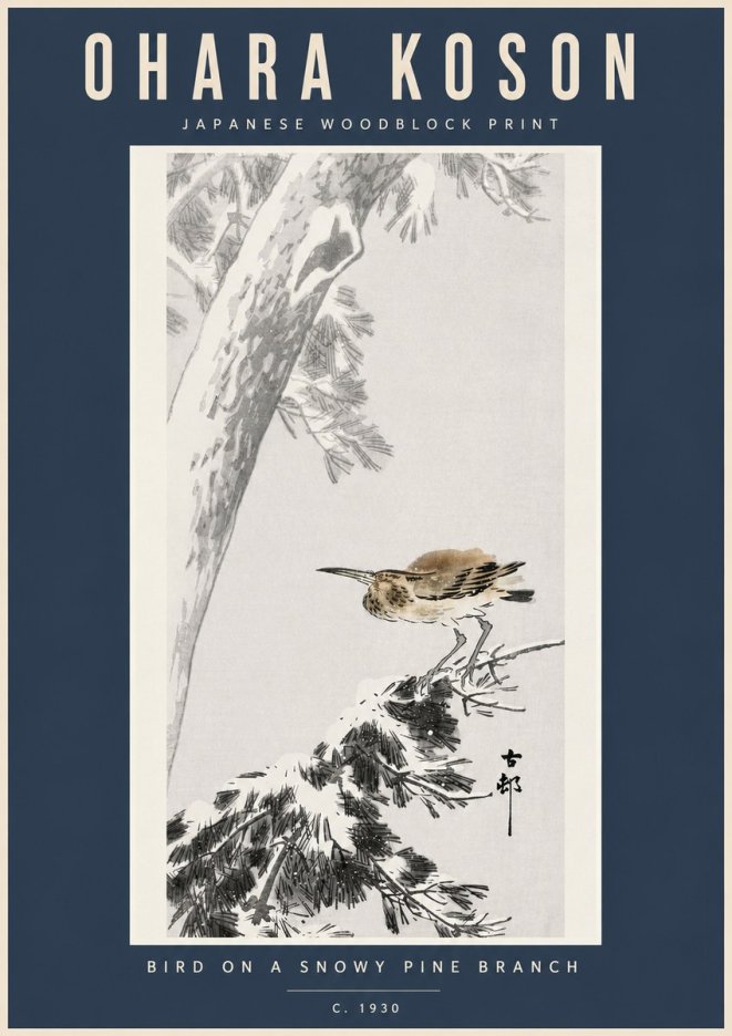 Ohara Koson Bird on a Snowy Pine Branch No5 - Juliste