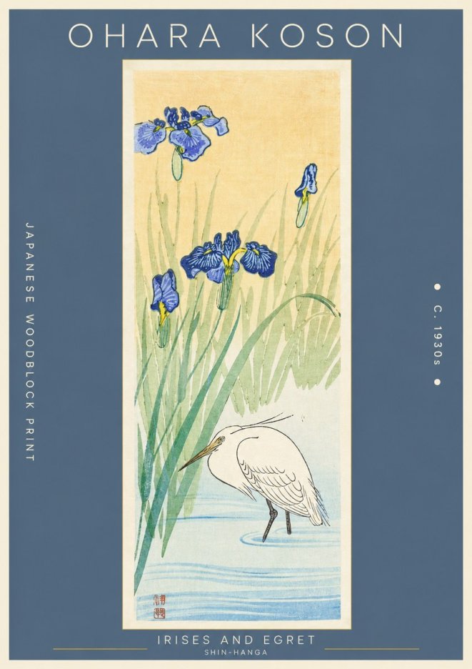 Ohara Koson Irises and Egret No2 - Juliste