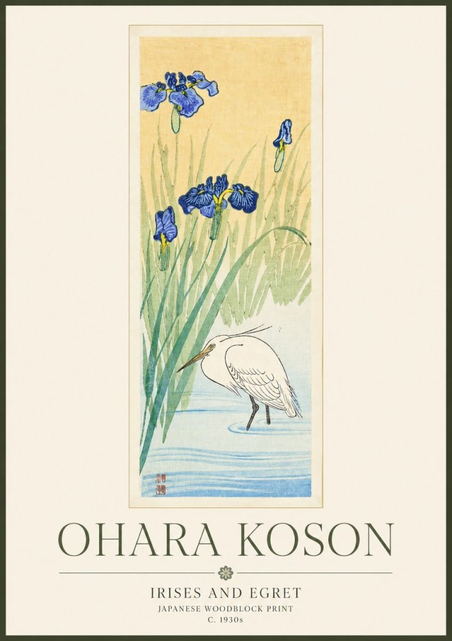 Ohara Koson Irises and Egret No3 - Juliste