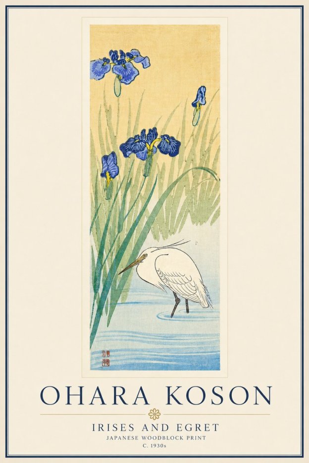 Ohara Koson Irises and Egret No6 - Juliste