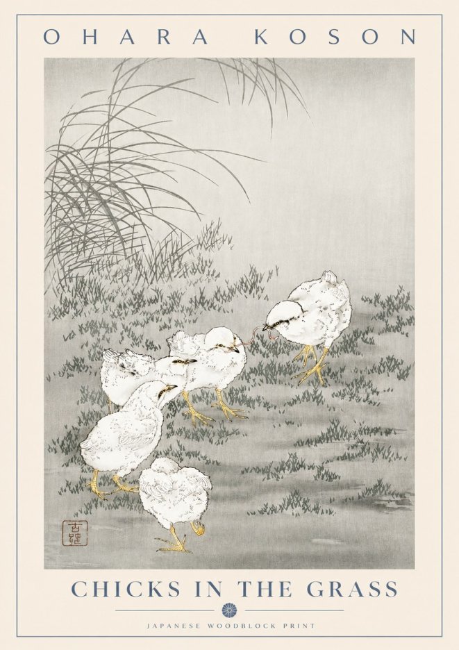 Ohara Koson Chicks in the Grass No2 - Juliste