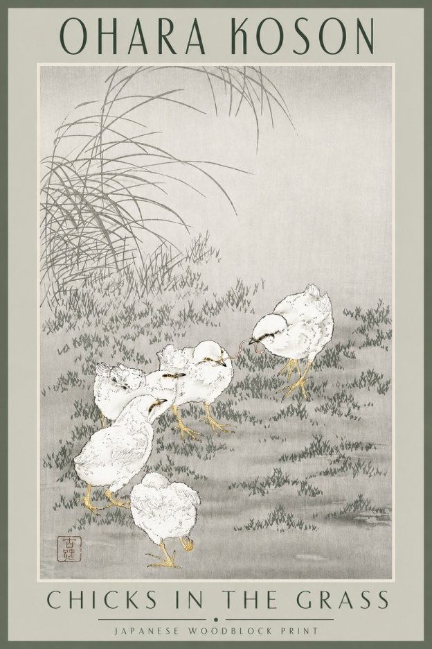 Ohara Koson Chicks in the Grass No3 - Juliste