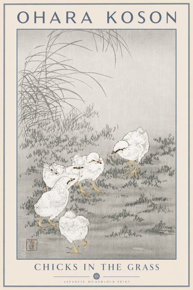 Ohara Koson Chicks in the Grass No5 - Juliste