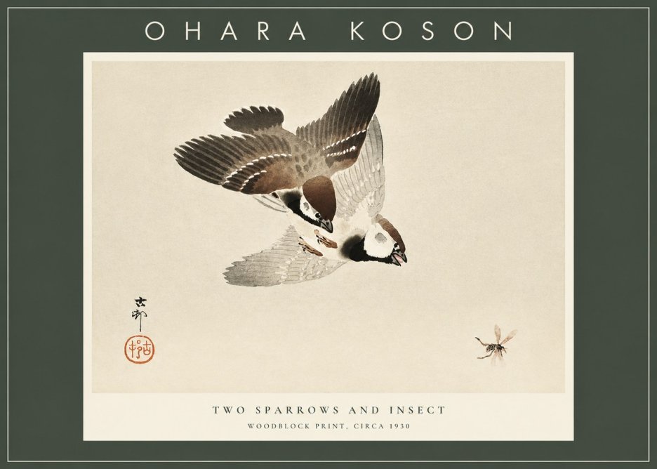 Ohara Koson Two Sparrows and Insect No2 - Juliste