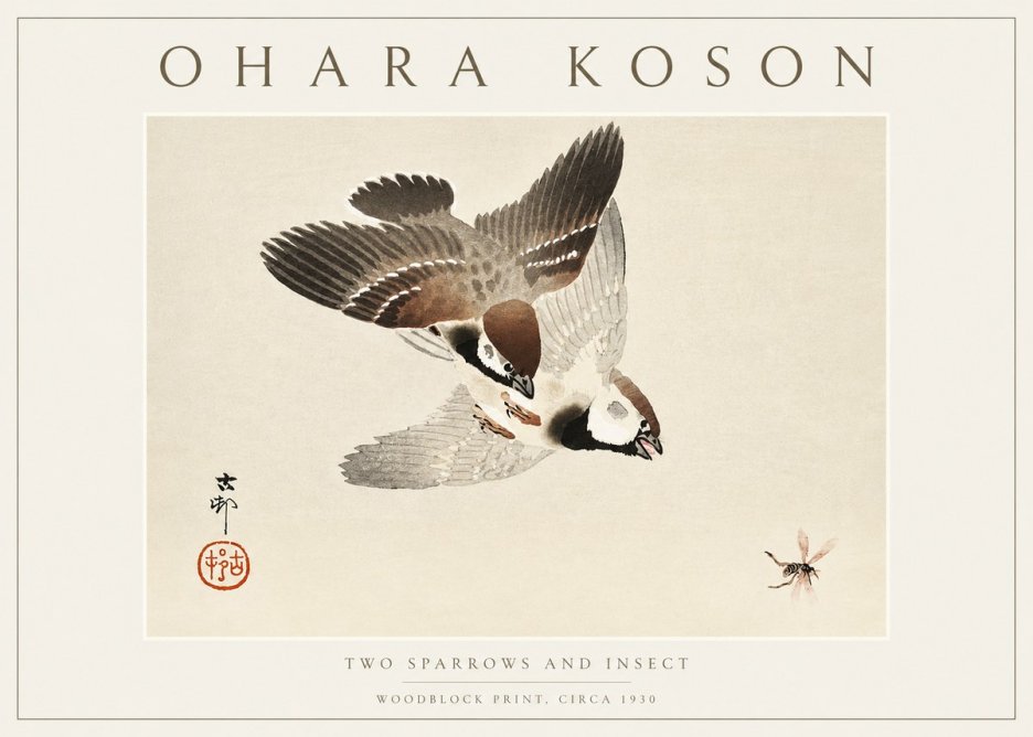 Ohara Koson Two Sparrows and Insect No3 - Juliste