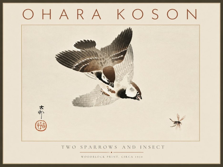 Ohara Koson Two Sparrows and Insect No6 - Juliste
