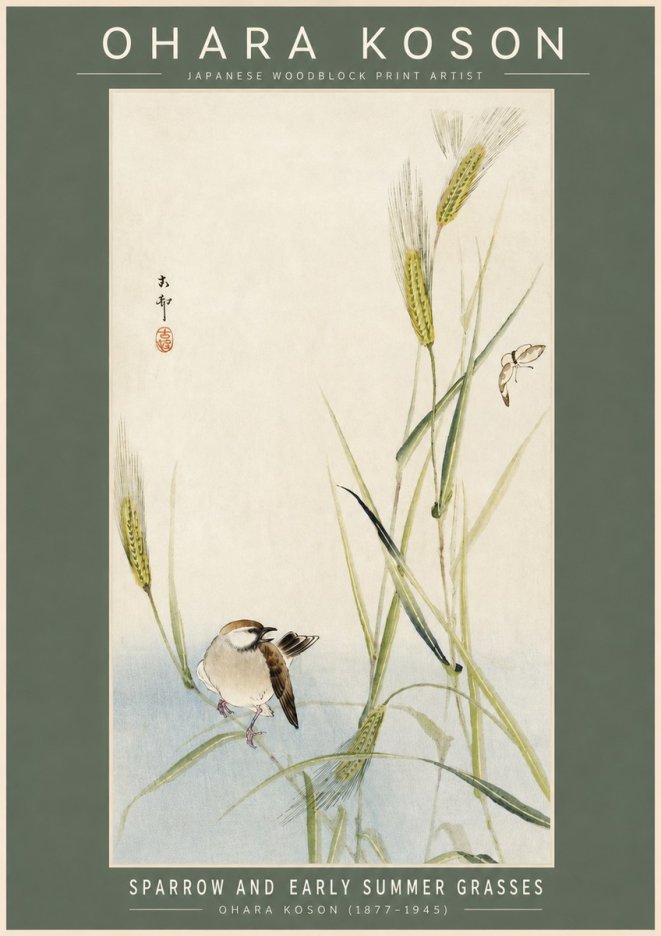 Ohara Koson Sparrow and Early Summer Grasses No2 - Juliste