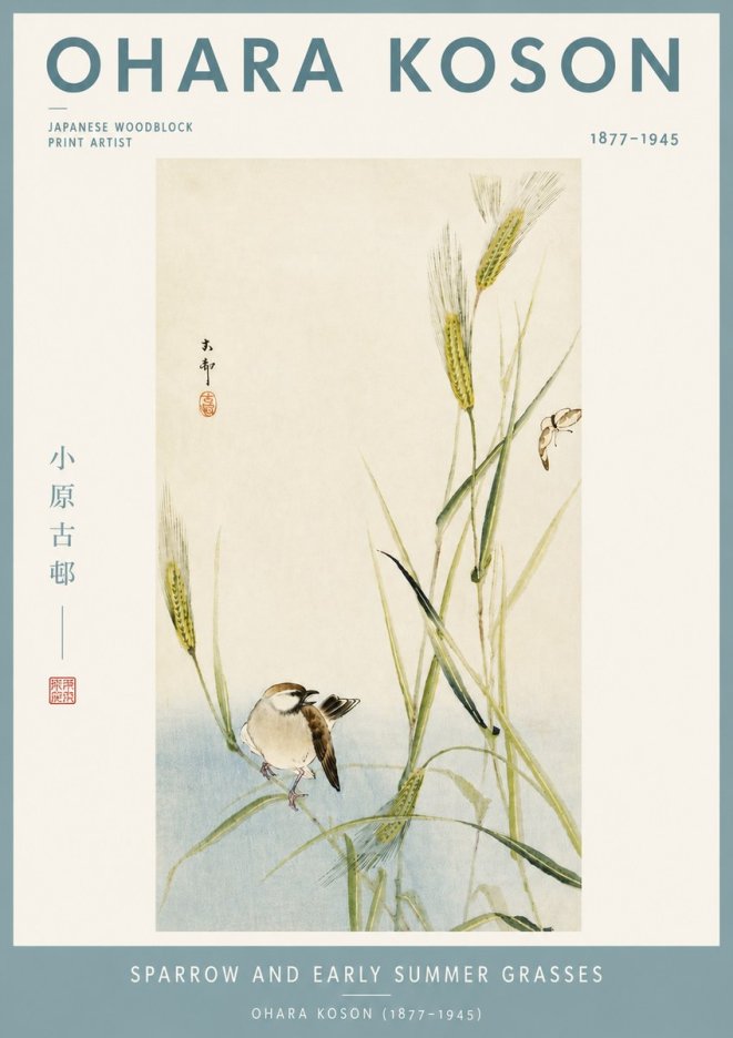 Ohara Koson Sparrow and Early Summer Grasses No4 - Juliste