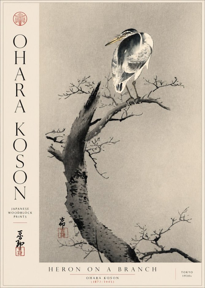 Ohara Koson Heron on a Branch No5 - Juliste