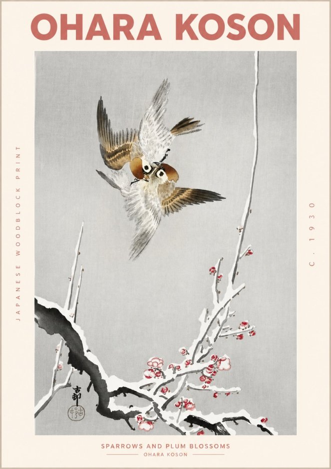 Ohara Koson Sparrows and Plum Blossoms No2 - Juliste