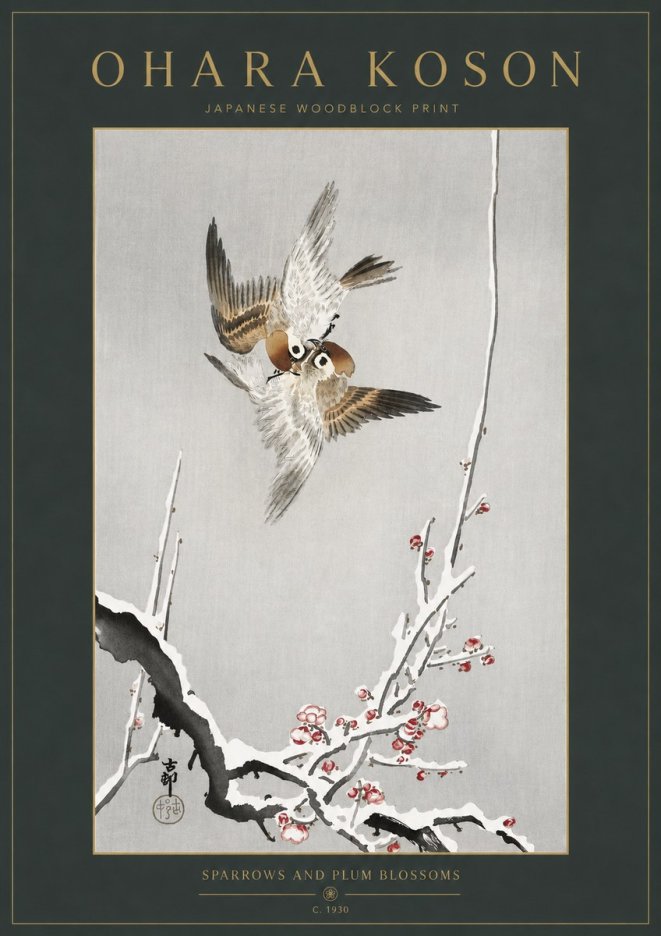 Ohara Koson Sparrows and Plum Blossoms No3 - Juliste