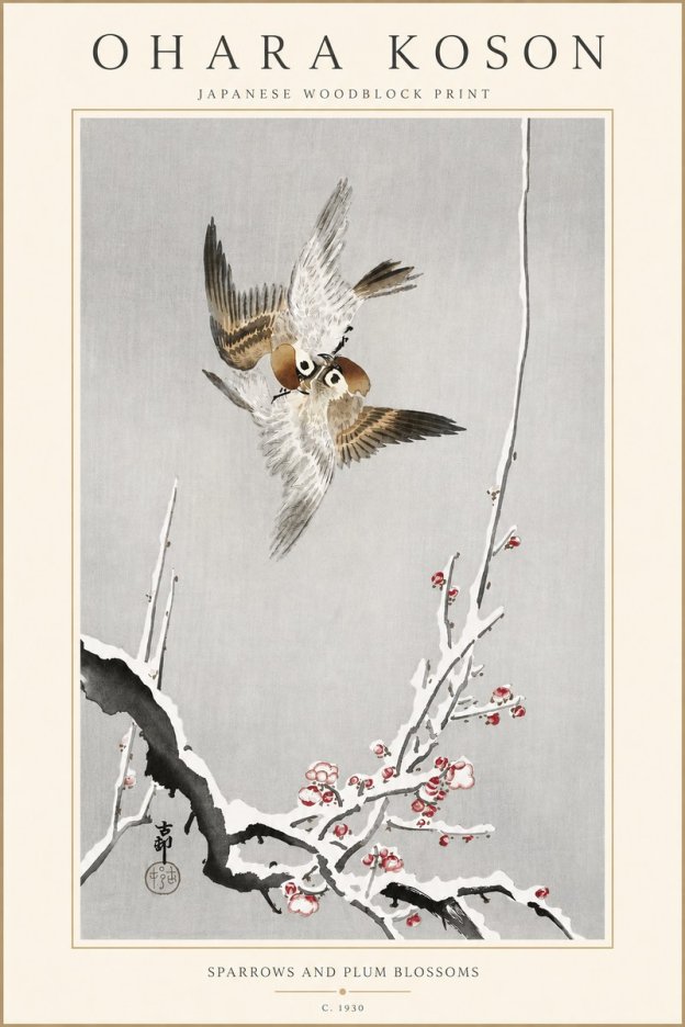 Ohara Koson Sparrows and Plum Blossoms No4 - Juliste