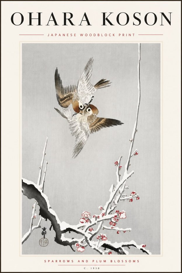 Ohara Koson Sparrows and Plum Blossoms No5 - Juliste