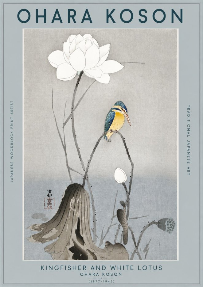 Ohara Koson Kingfisher and White Lotus No2 - Juliste