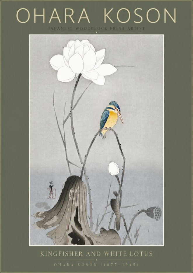 Ohara Koson Kingfisher and White Lotus No5 - Juliste