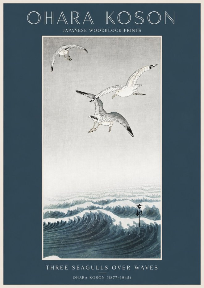 Ohara Koson Three Seagulls over Waves No2 - Juliste