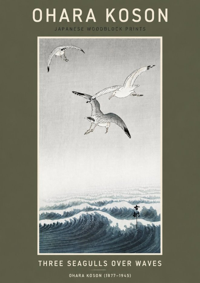 Ohara Koson Three Seagulls over Waves No3 - Juliste