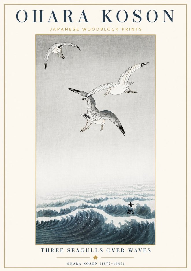 Ohara Koson Three Seagulls over Waves No4 - Juliste