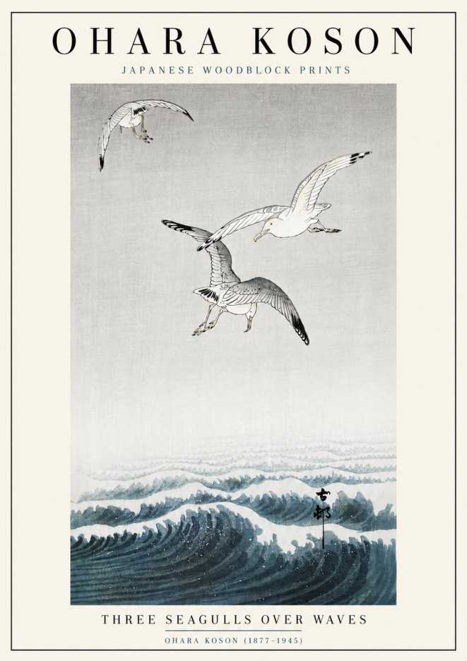 Ohara Koson Three Seagulls over Waves No6 - Juliste