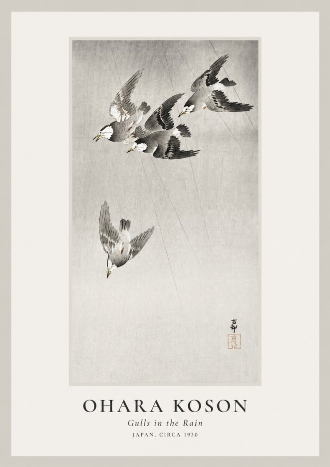 Ohara Koson Gulls in the Rain No1 - Juliste