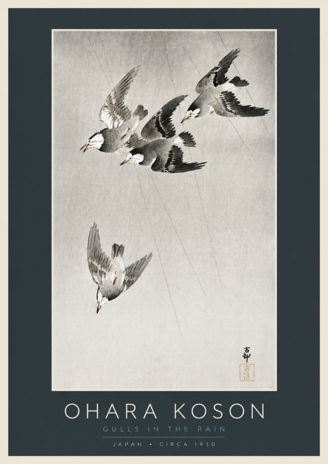 Ohara Koson Gulls in the Rain No2 - Juliste