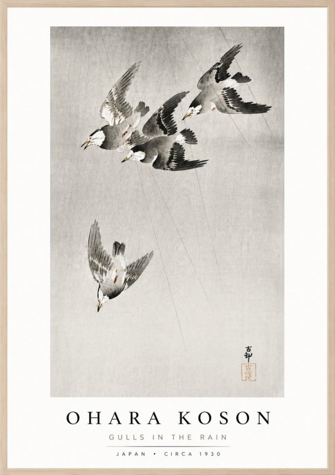 Ohara Koson Gulls in the Rain No3 - Juliste
