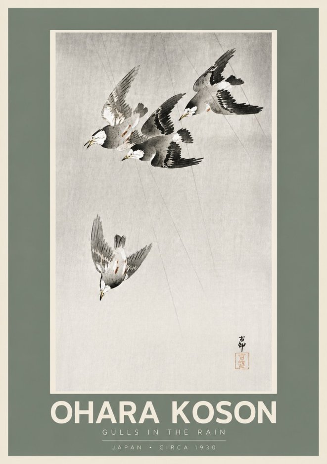 Ohara Koson Gulls in the Rain No5 - Juliste