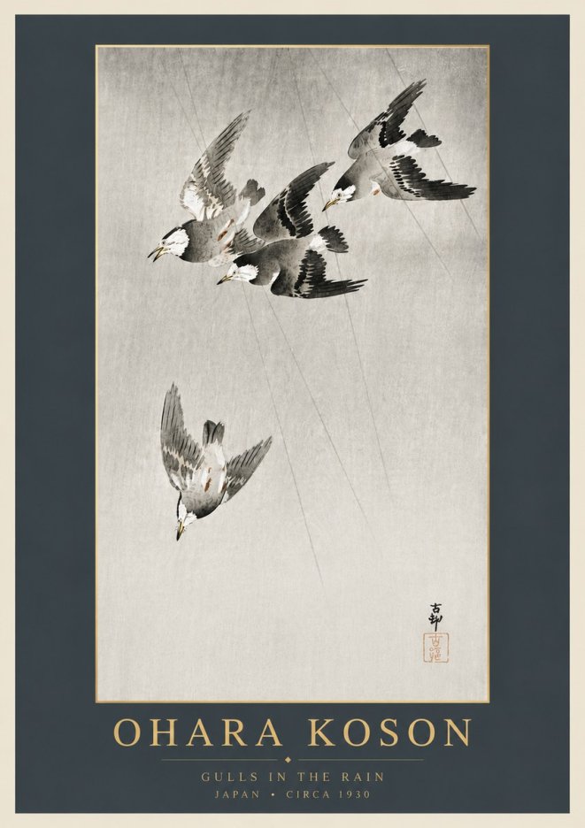 Ohara Koson Gulls in the Rain No6 - Juliste