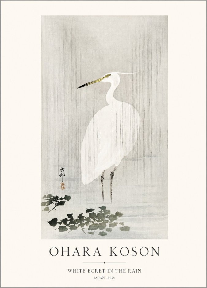 Ohara Koson White Egret in the Rain No1 - Juliste