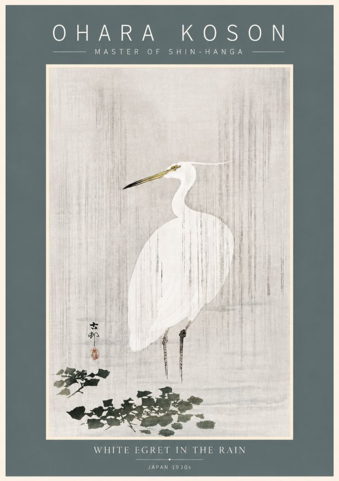 Ohara Koson White Egret in the Rain No5 - Juliste