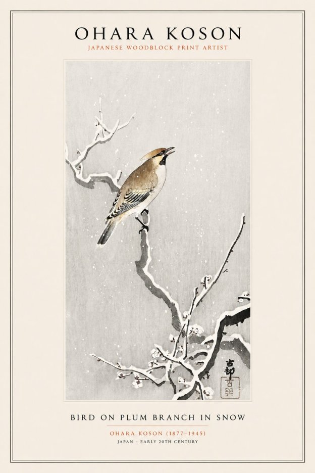 Ohara Koson Bird on Plum Branch in Snow No1 - Juliste