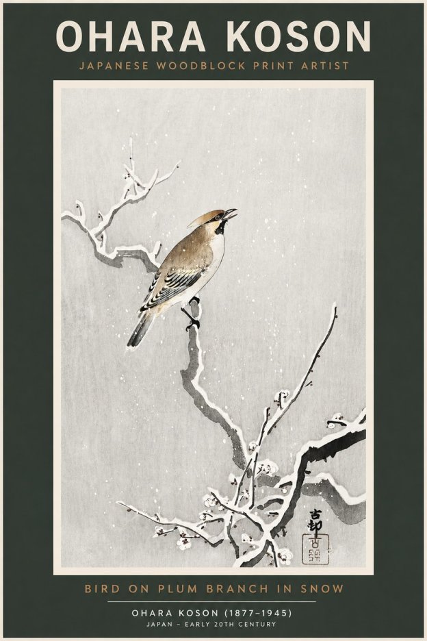 Ohara Koson Bird on Plum Branch in Snow No2 - Juliste