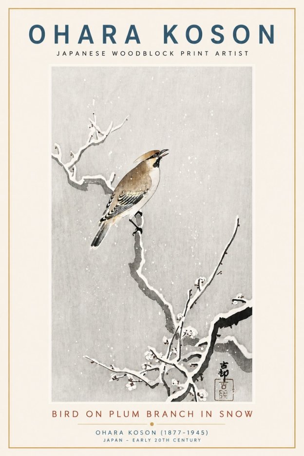 Ohara Koson Bird on Plum Branch in Snow No3 - Juliste