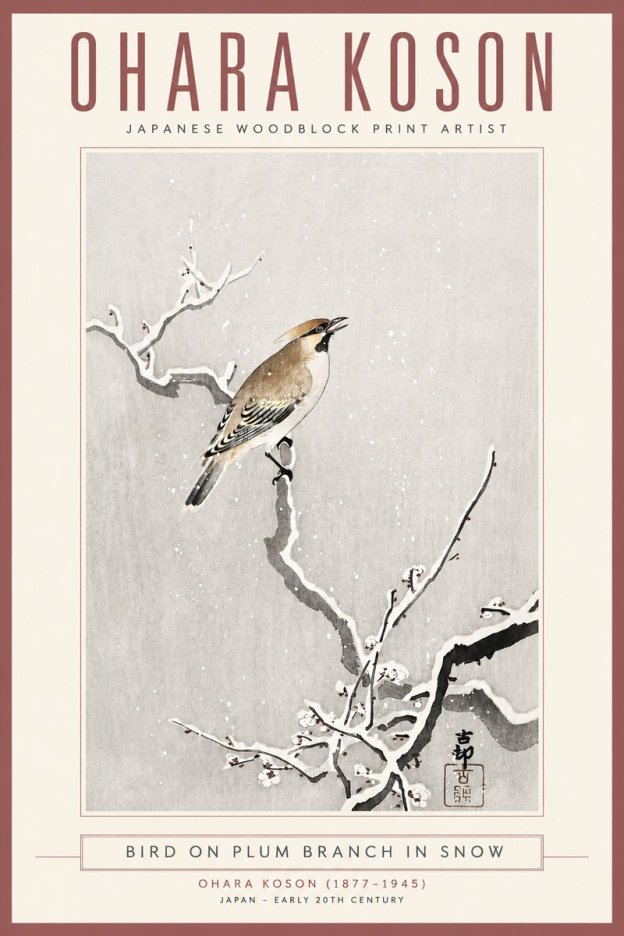Ohara Koson Bird on Plum Branch in Snow No4 - Juliste