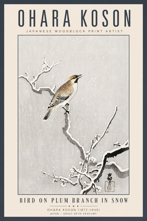 Ohara Koson Bird on Plum Branch in Snow No5 - Juliste