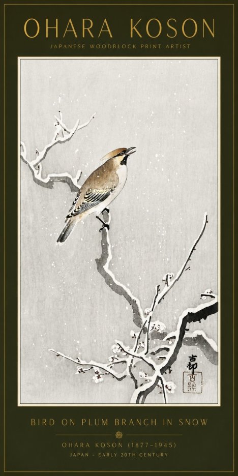 Ohara Koson Bird on Plum Branch in Snow No6 - Juliste