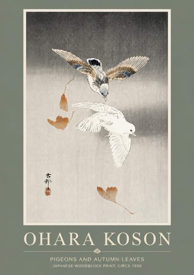 Ohara Koson Pigeons and Autumn Leaves No5 - Juliste